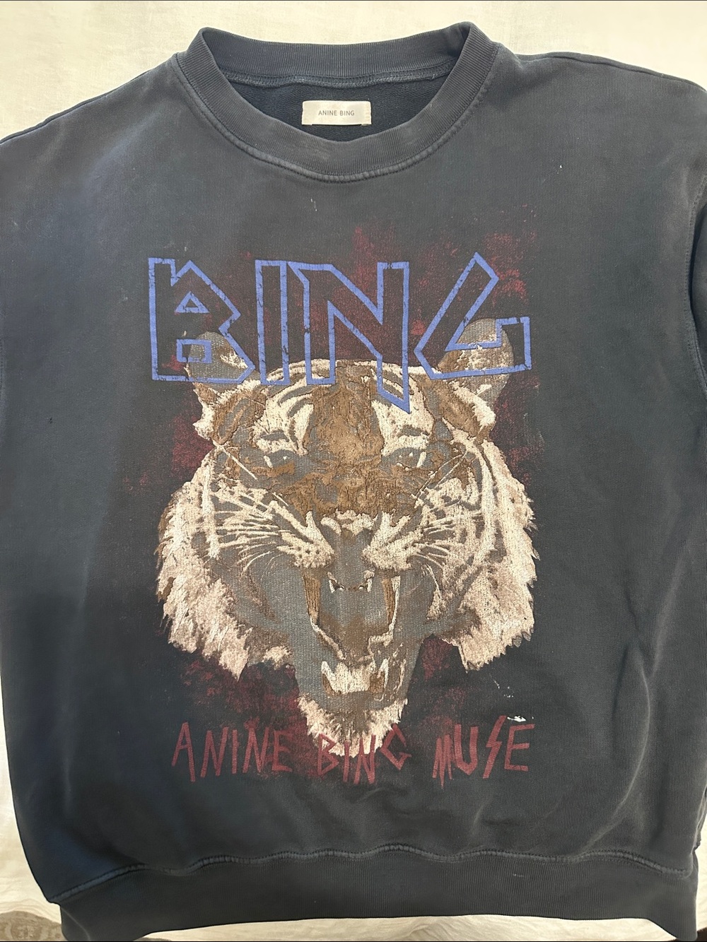 Anine Bing Black Crewneck with Graphic Tiger and Blue Logo